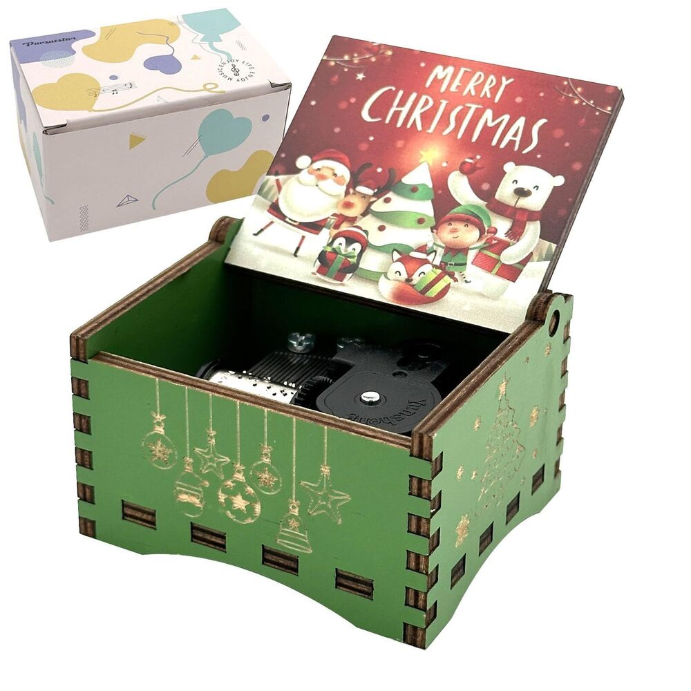 4827 Green Wind Up Music Box -Jingle Bells, Vintage Engraved Wood Mechanism